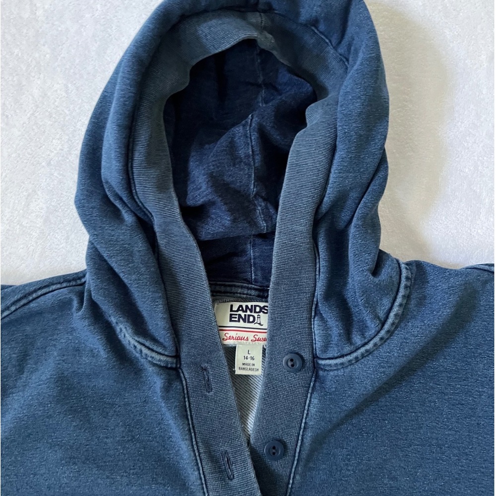 Lands' End Serious Sweats Hoodie Blue Henley Button Front Pullover L 14-16 - Picture 2 of 6